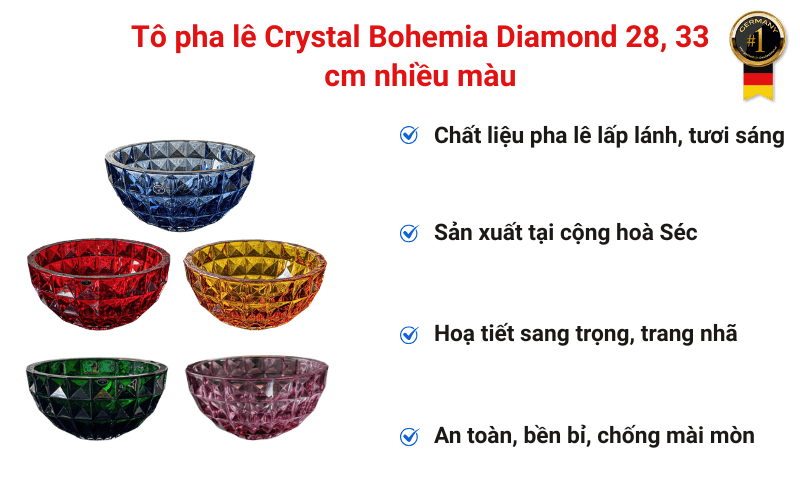 Tô pha lê Crystal Bohemia Diamond 28, 33 cm nhiều màu