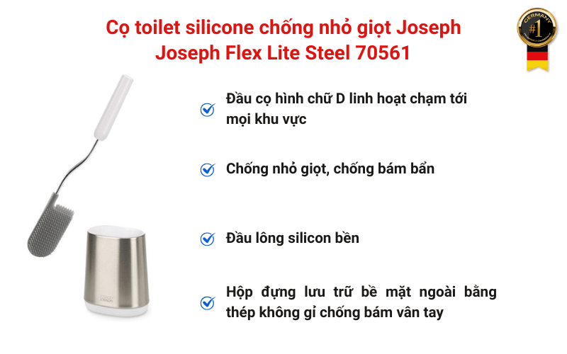 Cọ toilet silicone chống nhỏ giọt Joseph Joseph Flex Lite Steel 70561