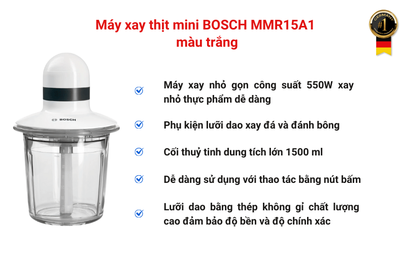 Máy xay thịt mini BOSCH MMR15A1 màu trắng