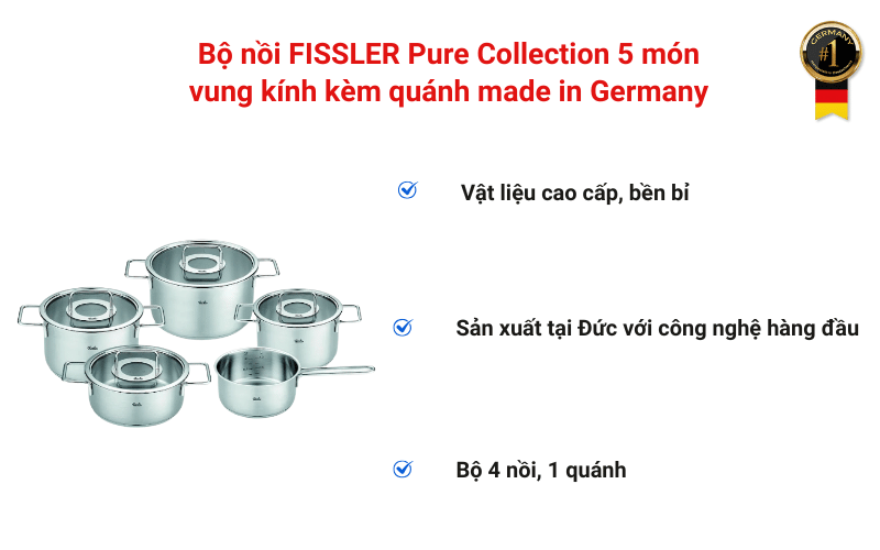 Bộ nồi FISSLER Pure Collection 5 món vung kính kèm quánh made in Germany