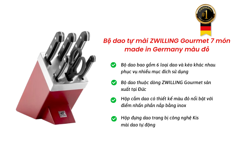 Bộ dao tự mài ZWILLING Gourmet 7 món made in Germany màu đỏ