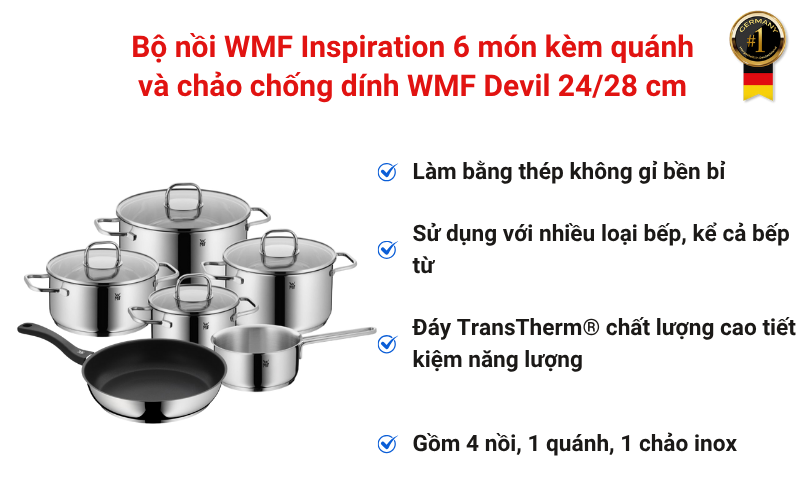 Bộ nồi WMF Inspiration 6 món kèm quánh và chảo chống dính WMF Devil 24/28 cm