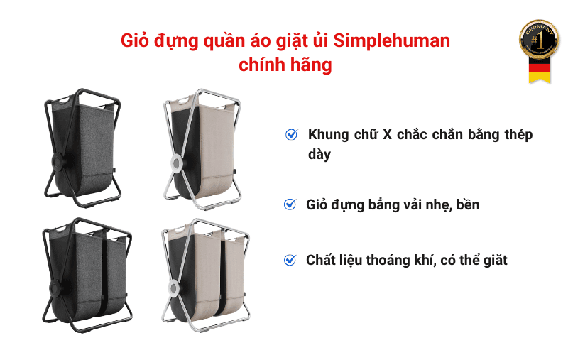 Giỏ đựng quần áo giặt ủi Simplehuman với hai kích cỡ và hai màu khác nhau, kèm mô tả tính năng