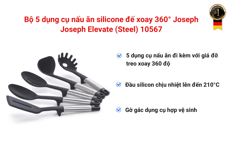 Các tính năng đặc biệt của Bộ 5 dụng cụ nấu ăn silicone đế xoay 360° Joseph Joseph Elevate (Steel) 10567