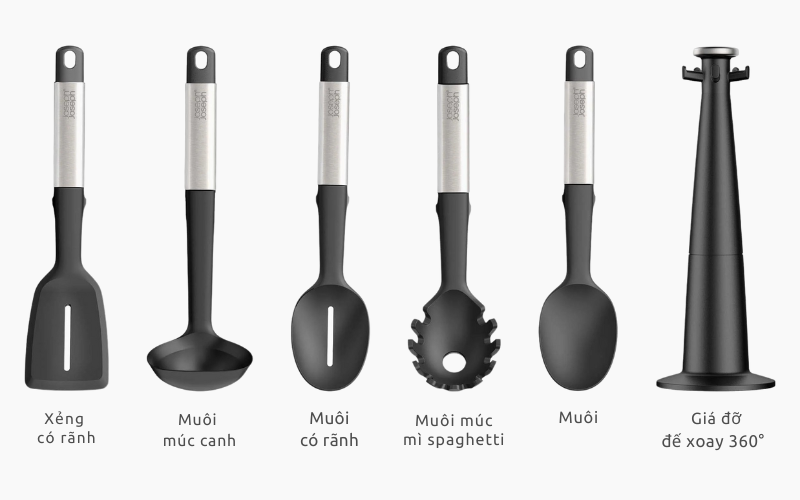 Bộ 5 dụng cụ gồm muôi, xẻng, thìa với đầu silicone và giá đỡ đế xoay 360 độ Joseph Joseph