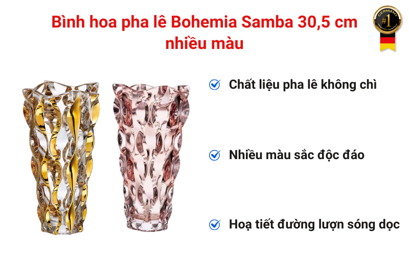 Bình hoa pha lê Bohemia Samba 30,5 cm nhiều màu