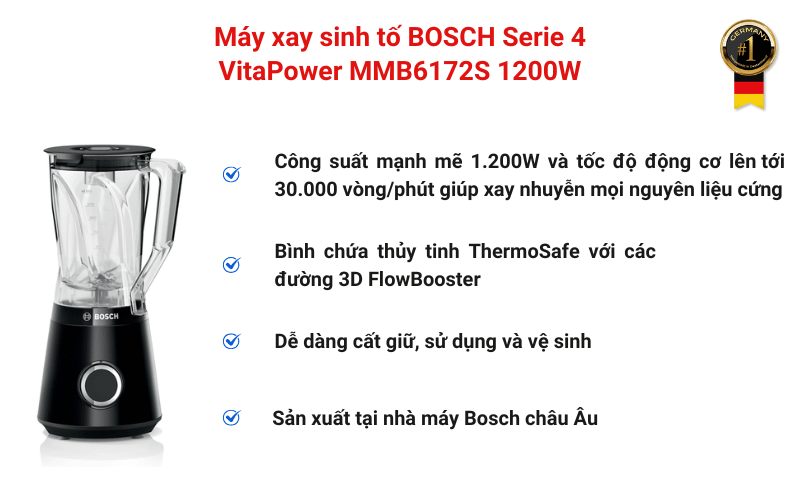 Máy xay sinh tố BOSCH Serie 4 VitaPower MMB6172S 1200W
