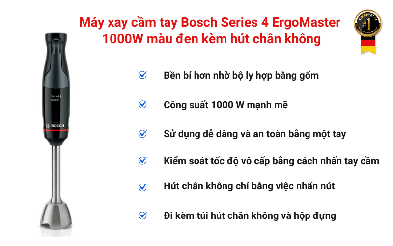Máy xay cầm tay Bosch Series 4 ErgoMaster 1000W màu đen kèm hút chân không