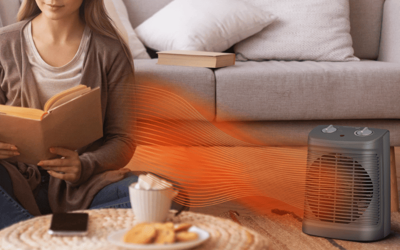 Một chiếc quạt sưởi =Rowenta nhỏ gọn đang hoạt động, tỏa hơi ấm trong phòng khách.