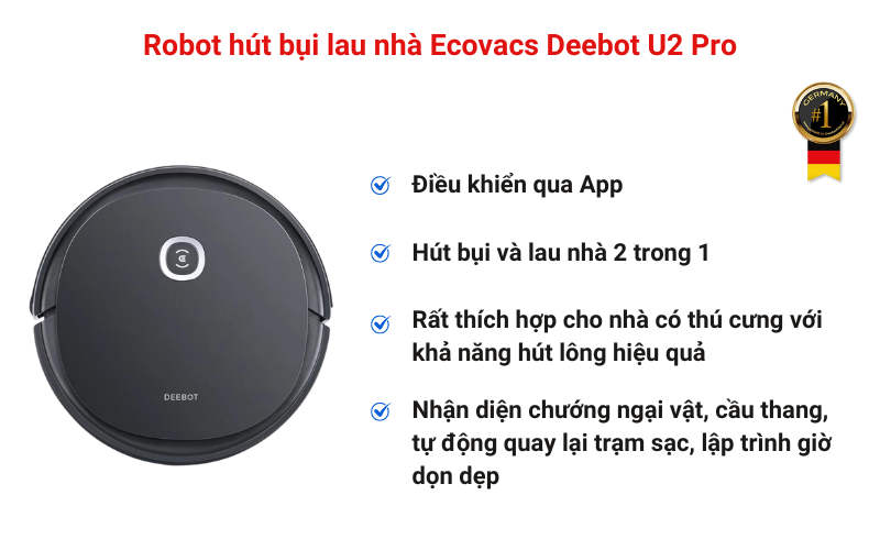 Robot hút bụi lau nhà Ecovacs Deebot U2 Pro [Đen] [Bản Đức]