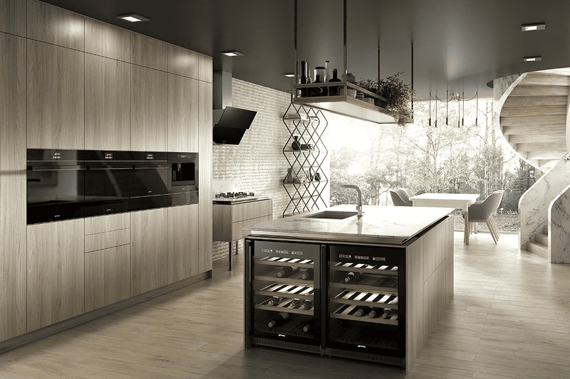 Căn bếp phong cách Dolce Stil Novo – thiết bị đồng bộ SMEG mặt kính đen, viền đồng sang trọng