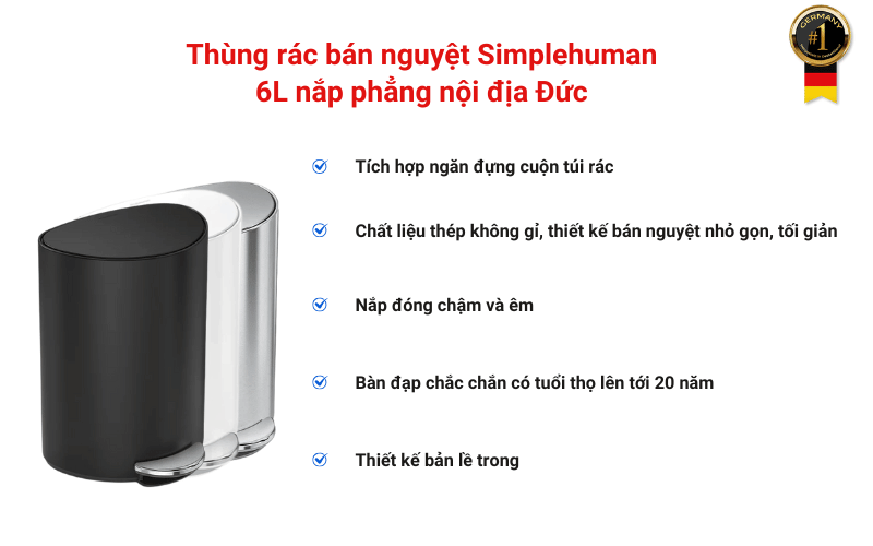 Thùng rác bán nguyệt Simplehuman 6L nắp phẳng nội địa Đức