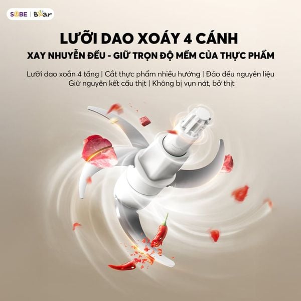 3. Lưỡi dao 4 cánh đa tầng - Xay mịn đều 360°