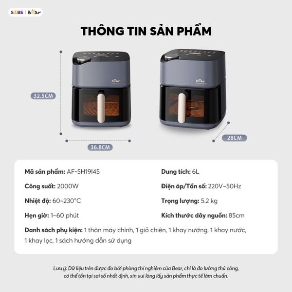 Thông Số Kỹ Thuật Nồi Chiên Bear AF-5H19I45