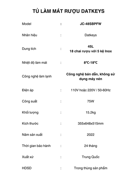 Thông số kỹ thuật_Tủ làm mát rượu