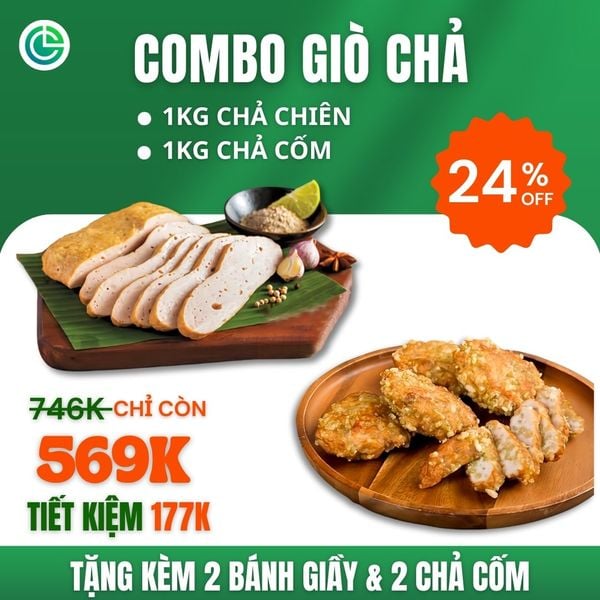 Combo Giò Chả Ngon Cửu Long với 1KG chả chiên, 1KG chả cốm, tặng kèm quà, đạt chuẩn ISO 22000 và ưu đãi tại TPHCM.