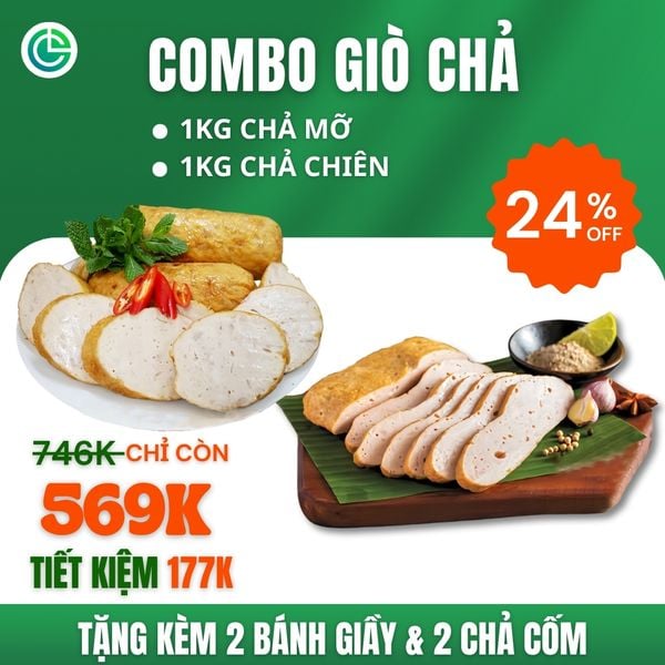 Combo Giò Chả Ngon Cửu Long với 1KG chả mỡ, 1KG chả chiên, tặng kèm quà hấp dẫn, đạt chuẩn ISO 22000 và ưu đãi tại TPHCM.