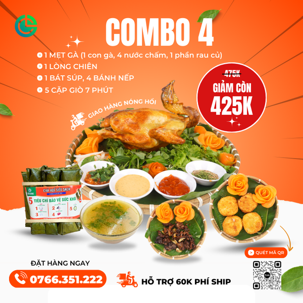 Combo 4 Gà ta nướng rượu cách thủy Cửu Long – kèm giò 7 phút, bánh nếp, rau dưa, súp – giao nóng mỗi ngày