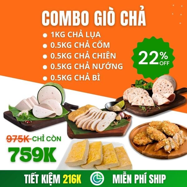 Combo Giò Chả Sạch 5 Món 3kg – Chả Lụa, Chả Chiên, Chả Cốm, Chả Bì, Chả Nướng