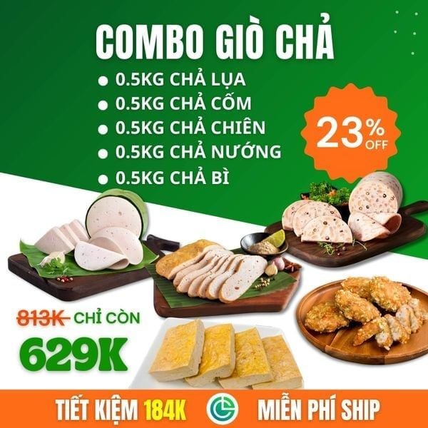 Combo Giò Chả Sạch 5 Món 2.5kg – Chả Lụa, Chả Huế, Chả Chiên, Chả Cốm, Chả Bì