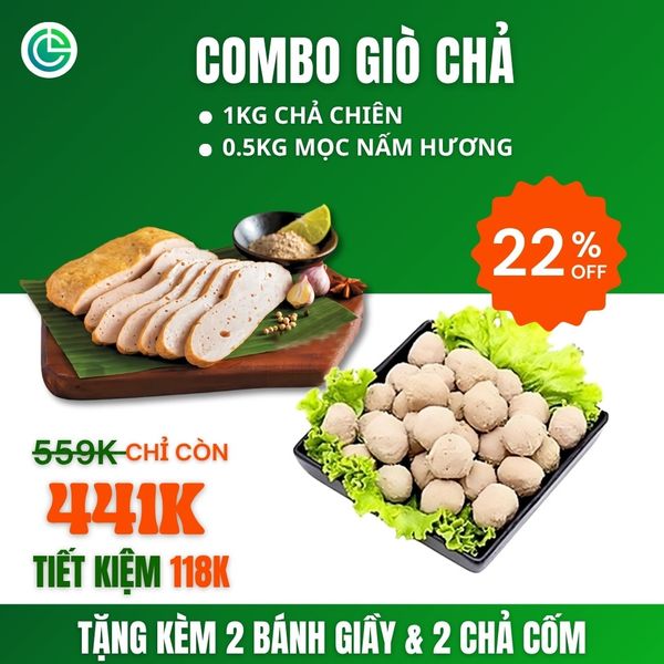 Combo Giò Chả Ngon Cửu Long với 1KG chả chiên, 0.5KG mọc nấm hương, quà tặng, đạt chuẩn ISO 22000 và ưu đãi tại TPHCM.