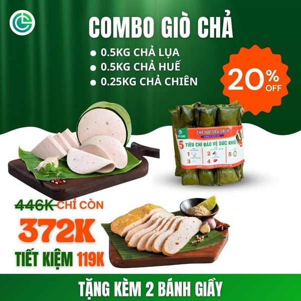 Combo Giò Chả Ngon Cửu Long với chả lụa, chả huế (0.5KG), chả chiên (0.25KG) đạt chuẩn ISO 22000 và ưu đãi 20% tại TPHCM.