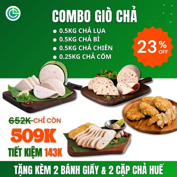 Combo Giò Chả Ngon Cửu Long với 0.5KG chả lụa, 0.5KG chả bì, 0.5KG chả chiên, 0.25KG chả cốm, tặng kèm quà hấp dẫn, đạt chuẩn ISO 22000 và ưu đãi tại TPHCM.