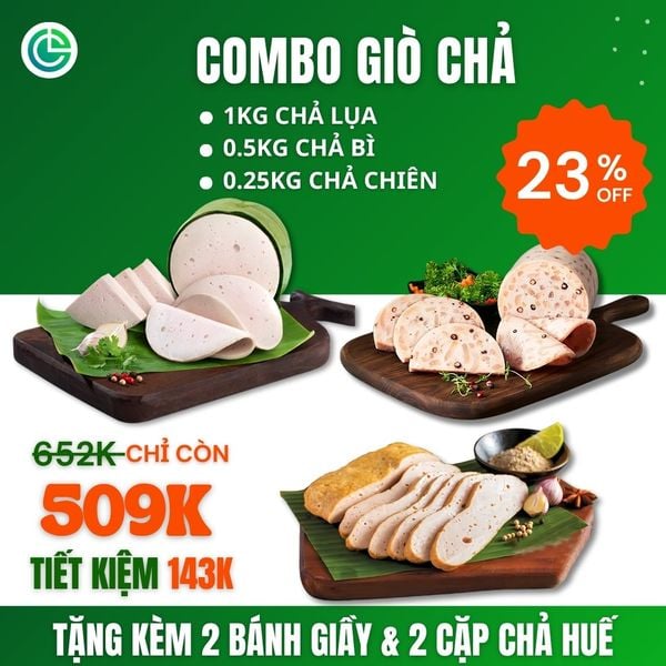 Combo Giò Chả Ngon Cửu Long với 1KG chả lụa, 0.5KG chả bì, 0.25KG chả chiên, tặng kèm quà hấp dẫn, đạt chuẩn ISO 22000 và ưu đãi tại TPHCM.