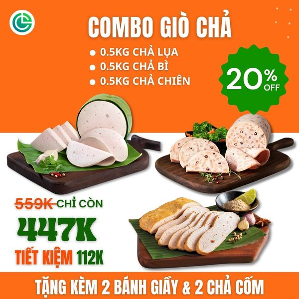 Combo Giò Chả Ngon Cửu Long với 0.5KG chả lụa, 0.5KG chả bì, 0.5KG chả chiên, tặng 2 Bánh Giầy và 2 Chả Cốm, đạt chuẩn ISO 22000 và ưu đãi tại TPHCM.
