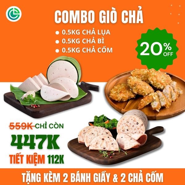 Combo Giò Chả Ngon Cửu Long với 0.5KG chả lụa, 0.5KG chả bì, 0.5KG chả cốm, tặng kèm quà hấp dẫn, đạt chuẩn ISO 22000 và ưu đãi tại TPHCM.