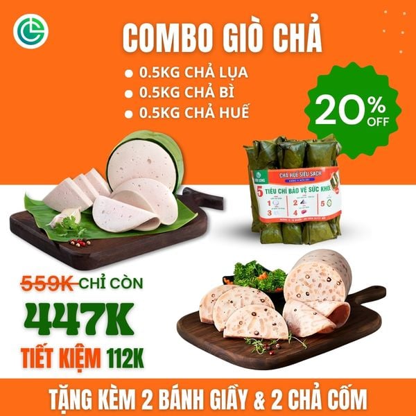 Combo Giò Chả Ngon Cửu Long với 0.5KG chả lụa, 0.5KG chả bì, 0.5KG chả huế, tặng 2 Bánh Giầy và 2 Chả Cốm, đạt chuẩn ISO 22000 và ưu đãi tại TPHCM.