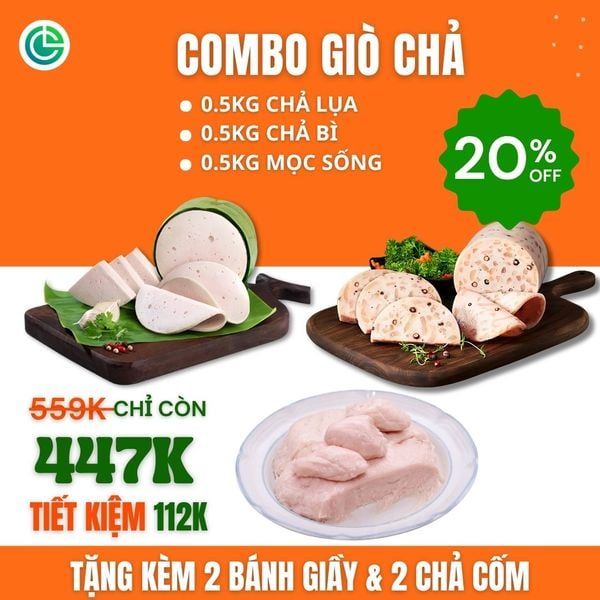 Combo Giò Chả Ngon Cửu Long với 0.5KG chả lụa, 0.5KG chả bì, 0.5KG mộc sống, tặng 2 Bánh Giầy và 2 Chả Cốm, đạt chuẩn ISO 22000 và ưu đãi tại TPHCM.