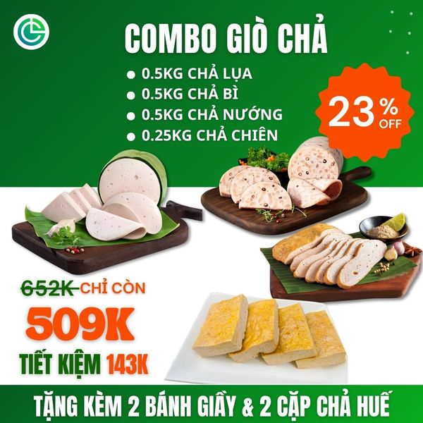 Combo Giò Chả Ngon Cửu Long với 1KG chả lụa,0.5kg chả bì, 0.5KG chả nướng hương quế, 0.25KG chả chiên, tặng kèm quà, đạt chuẩn ISO 22000 và ưu đãi tại TPHCM.