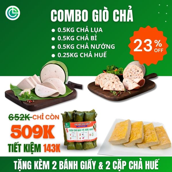 Combo Giò Chả Ngon Cửu Long với 0.5KG chả lụa, 0.5KG chả bì, 0.5KG chả nướng hương quế, 0.25KG chả huế (Giò 7 phút), tặng kèm quà hấp dẫn, đạt chuẩn ISO 22000 và ưu đãi tại TPHCM.
