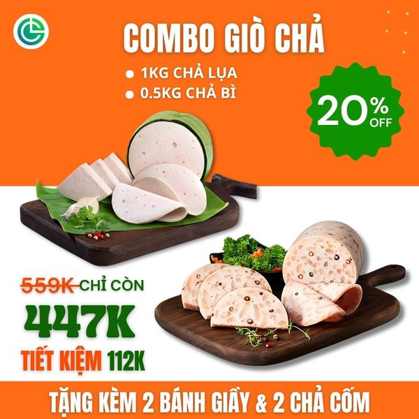 Combo Giò Chả Ngon Cửu Long với 1KG chả lụa, 0.5KG chả bì, tặng 2 Bánh Giầy và 2 Chả Cốm, đạt chuẩn ISO 22000 và ưu đãi tại TPHCM.
