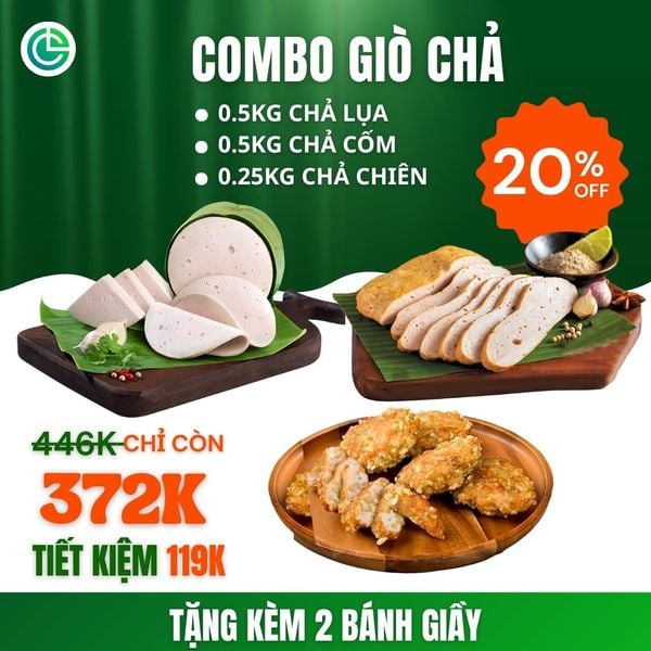 Combo Giò Chả Ngon Cửu Long với chả lụa, chả chiên (0.5KG), chả cốm (0.25KG) đạt chuẩn ISO 22000 và ưu đãi 20% tại TPHCM.