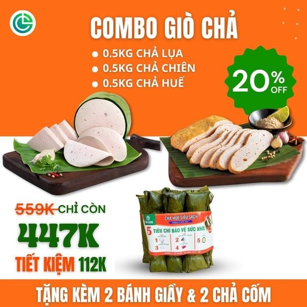 Thành phần chi tiết của Combo Giò Chả Ngon Cửu Long đạt chuẩn ISO 22000 với 0.5KG chả lụa, 0.5KG chả chiên, 0.5KG chả huế, và quà tặng.
