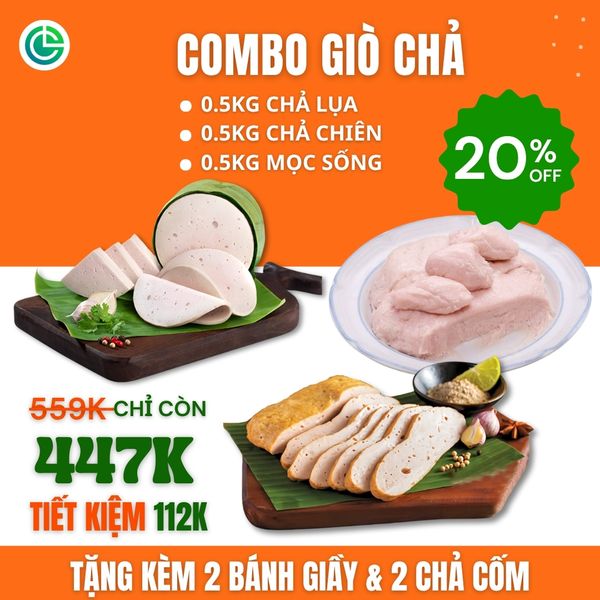 Combo Giò Chả Ngon Cửu Long với 0.5KG chả lụa, 0.5KG chả chiên, 0.5KG mộc sống, tặng kèm, đạt chuẩn ISO 22000 và ưu đãi tại TPHCM.
