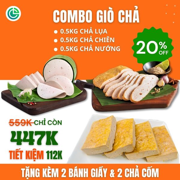 Combo Giò Chả Ngon Cửu Long với 0.5KG chả lụa, 0.5KG chả Nướng, 0.5KG chả chiên, tặng kèm, đạt chuẩn ISO 22000 và ưu đãi tại TPHCM