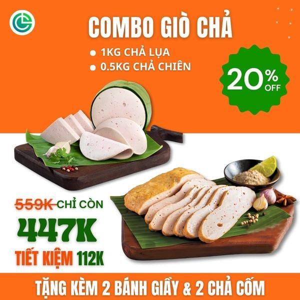 Combo Giò Chả Ngon Cửu Long với 1KG chả lụa, 0.5KG chả chiên, tặng 2 Bánh Giầy và 2 Chả Cốm, đạt chuẩn ISO 22000 và ưu đãi tại TPHCM.