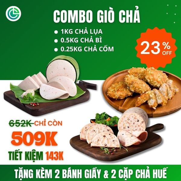 Combo Giò Chả Ngon Cửu Long với 1KG chả lụa, 0.5KG chả bì, 0.25KG chả cốm, tặng kèm, đạt chuẩn ISO 22000 và ưu đãi tại TPHCM.
