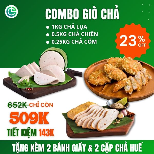 Combo Giò Chả Ngon Cửu Long với 1KG chả lụa, 0.5KG chả chiên, 0.25KG chả cốm, tặng kèm, đạt chuẩn ISO 22000 và ưu đãi tại TPHCM.