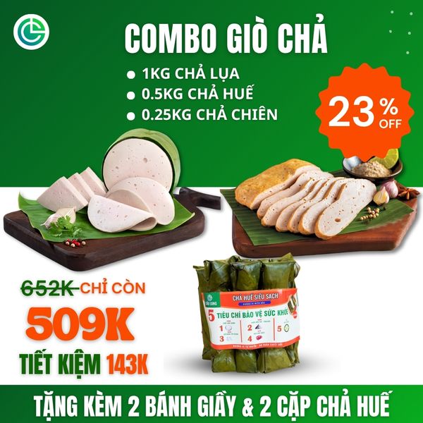 Combo Giò Chả Ngon Cửu Long với 1KG chả lụa, 0.5KG chả huế (Giò 7 phút), 0.25KG chả chiên, tặng kèm quà hấp dẫn, đạt chuẩn ISO 22000 và ưu đãi tại TPHCM.
