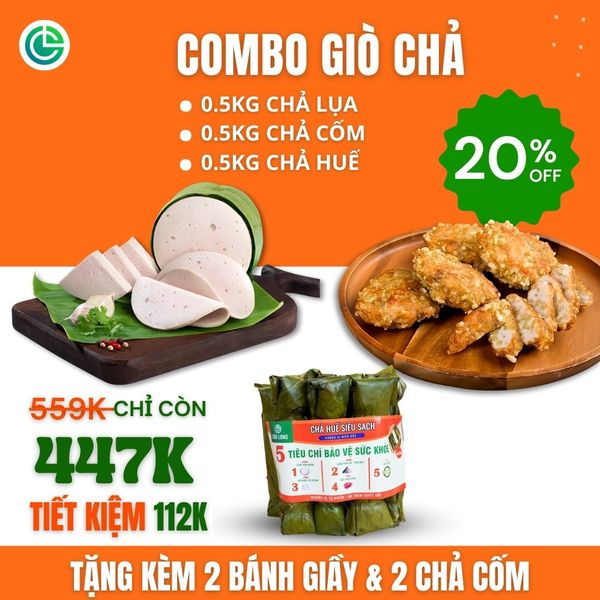 Thành phần chi tiết của Combo Giò Chả Ngon Cửu Long đạt chuẩn ISO 22000 với 0.5KG chả lụa, 0.5KG chả cốm, 0.5KG chả huế, và quà tặng truyền thống.
