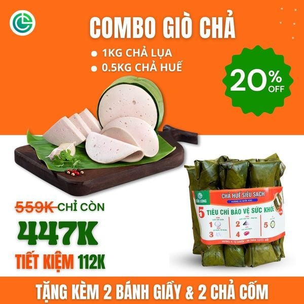 Combo Giò Chả Ngon Cửu Long với 1KG chả lụa, 0.5KG chả huế, tặng 2 Bánh Giầy và 2 Chả Cốm, đạt chuẩn ISO 22000 và ưu đãi tại TPHCM.