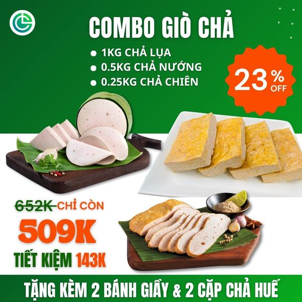 Combo Giò Chả Ngon Cửu Long với 1KG chả lụa, 0.5KG chả nướng, 0.25KG chả chiên, tặng kèm quà, đạt chuẩn ISO 22000 và ưu đãi tại TPHCM.