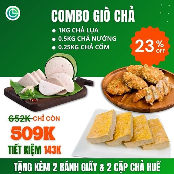 Combo Giò Chả Ngon Cửu Long với 1KG chả lụa, 0.5KG chả nướng, 0.25KG chả cốm, quà tặng kèm, đạt chuẩn ISO 22000 và ưu đãi tại TPHCM.