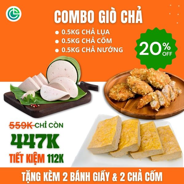 Combo Giò Chả Ngon Cửu Long với 0.5KG chả lụa, 0.5KG chả cốm, 0.5KG chả nướng, đạt chuẩn ISO 22000 và ưu đãi tại TPHCM.