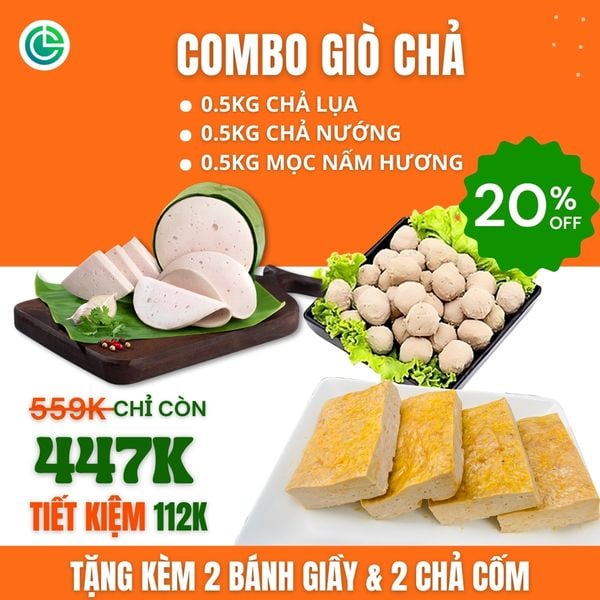Combo Giò Chả Ngon Cửu Long với 0.5KG chả lụa, 0.5KG chả nướng, 0.5KG mọc nấm hương, tặng kèm, đạt chuẩn ISO 22000 và ưu đãi tại TPHCM.