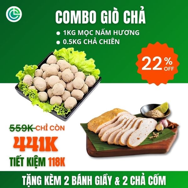 Combo Giò Chả Ngon Cửu Long với 1KG mọc nấm hương, 0.5KG chả chiên, qàu tặng kèm, đạt chuẩn ISO 22000 và ưu đãi tại TPHCM.